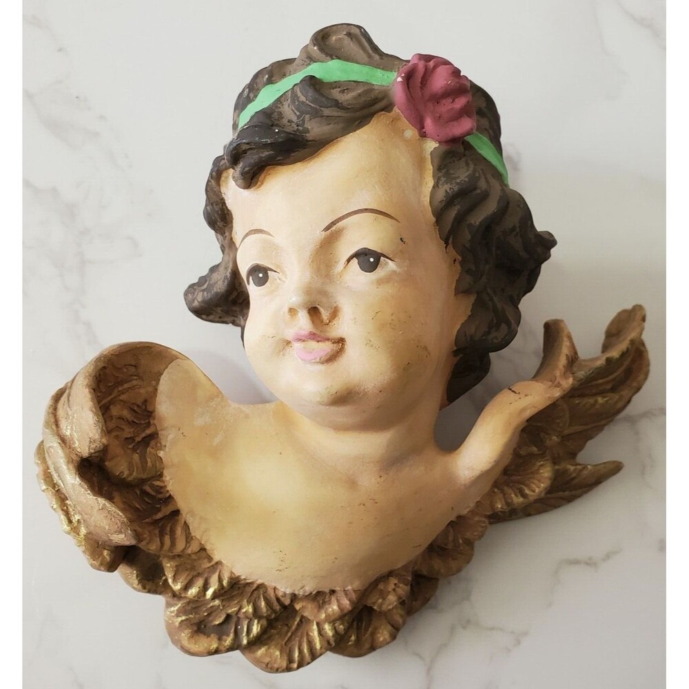 Vintage Angel Cherub Putti Head Ornament Hand Painted Paper Mache 3oz Ceramic 4"